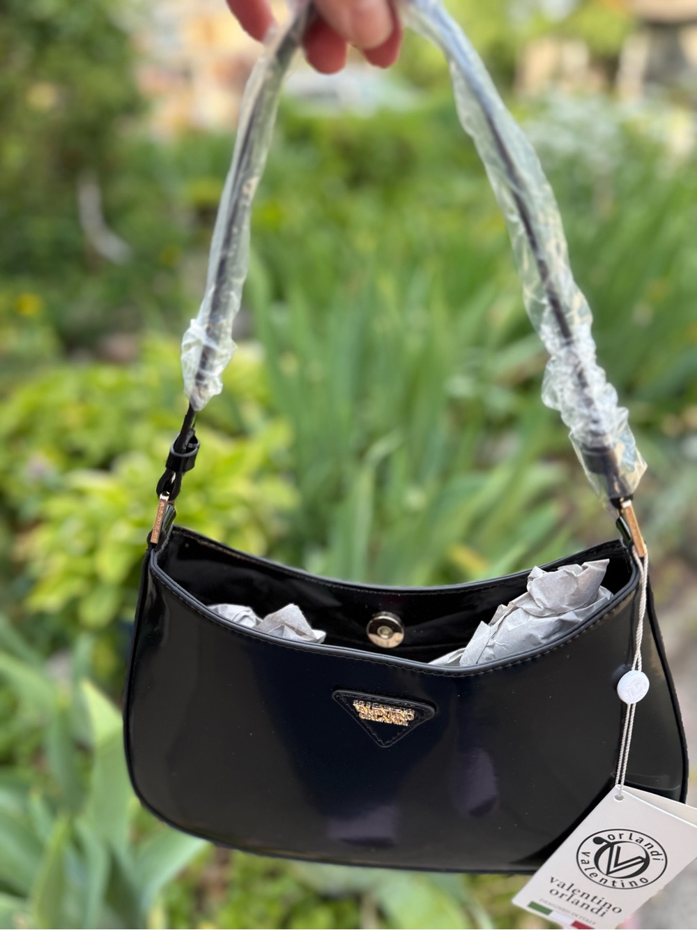 Valentino Orlandi Black Patent Shoulder Bag with Gold Accent